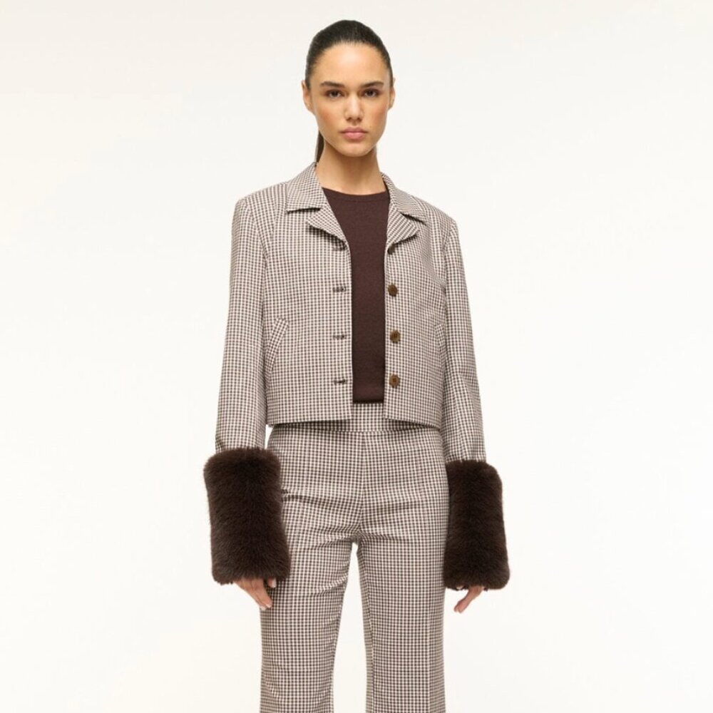 NEW Staud Regency Micro Check Jacket w/ Fur Sleeves
